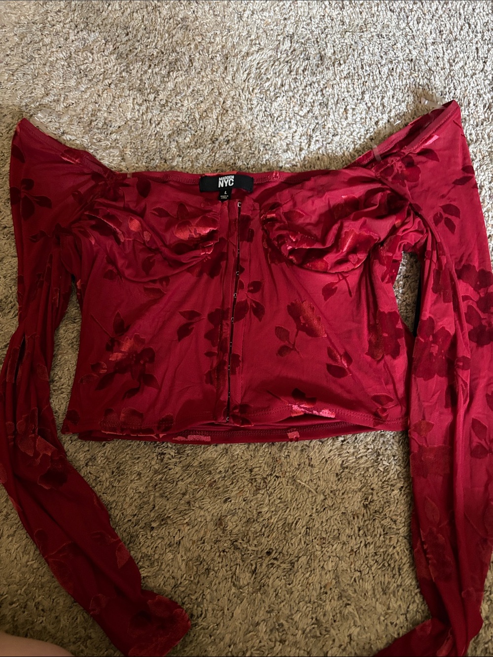 NYC Wine Red Floral Off-Shoulder Long Sleeve Crop Top